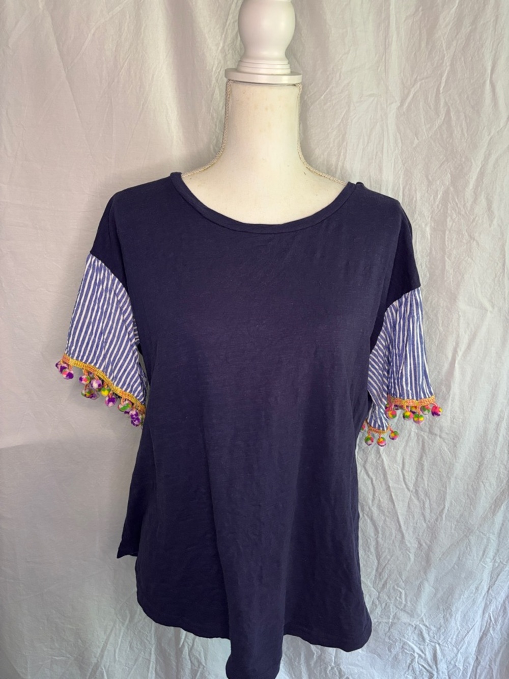 entro Navy Short Sleeve Tee with Striped Pom-Pom Trim